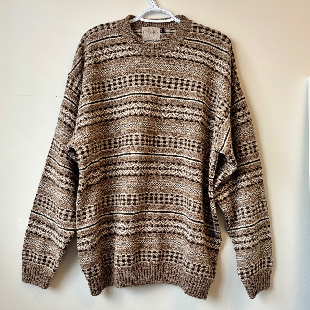 ‼️SOLD‼️ VINTAGE 90s R&R Classics Brown and White Knit Crew Sweater Pullover XL - Picture 2 of 13